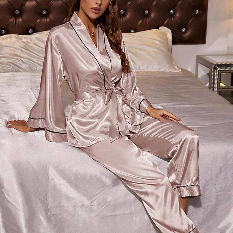Ice Silk Loose Fit Belted Bathrobe Sleepwear Pajamas