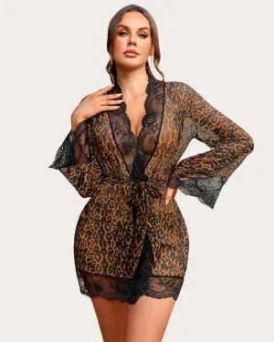 Leopard Lace Kimono Robe Mesh Nightgown